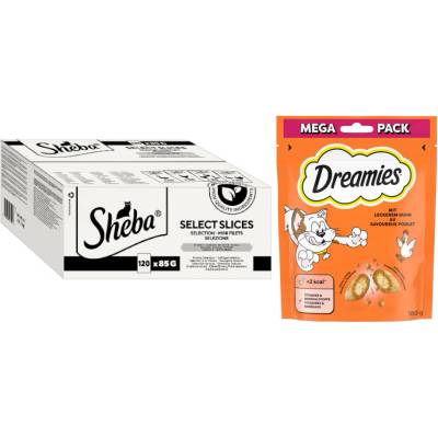 Sheba + Dreamies zdarma Výběr v omáčce drůbeží varianta 120 × 85 g + kuřecí 180 g