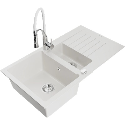 Mexen Matias гранитна мивка 1, 5-камерна с отцедник и кухненски смесител Aster, бял - 6502-20-73450-02 (6502-20-73450-02)