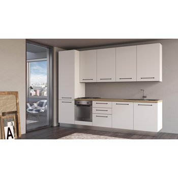 ARES Права кухня line, 300 см, лице бяло, плот дъб кадиз, гръб бял (0whfbi026wp)