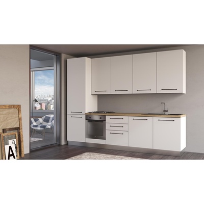 ARES Права кухня line, 300 см, лице бяло, плот дъб кадиз, гръб бял (0whfbi026wp)