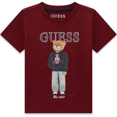 GUESS Тениска в цвят бордо за мини момче с цветно мече и тъмносин надпис Guess