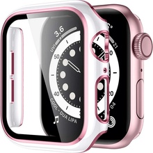 AW Lesklé prémiové ochranné pouzdro s tvrzeným sklem pro Apple Watch Rozteč: 44mm, Barva: Bílé tělo / růžový obrys IR-AWCASE045