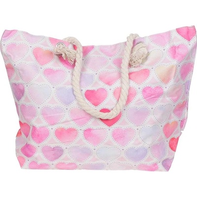 Бяла плажна чанта с розови сърца