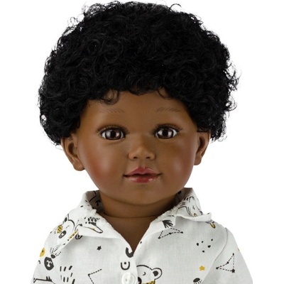 Vestida de Azul Realistická snědý chlapeček Karim ve žlutých kraťasech Karim černé kudrnaté vlasy afro 45 cm