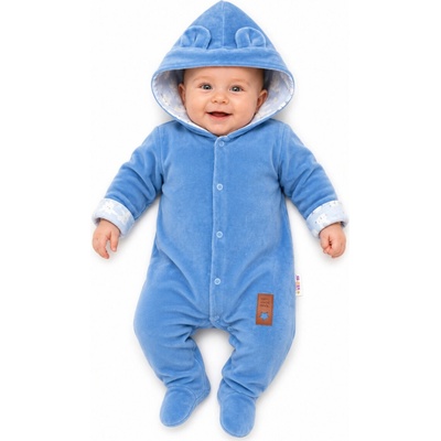 Baby Nellys Dvouvrstvý velurový overal s kapucí New Bunny modrý