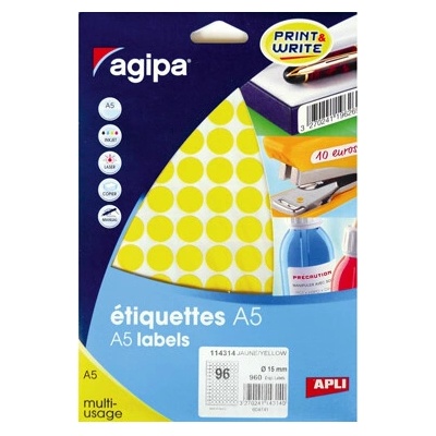 Etikety kruhové 15mm Agipa A5 žlté AG114314