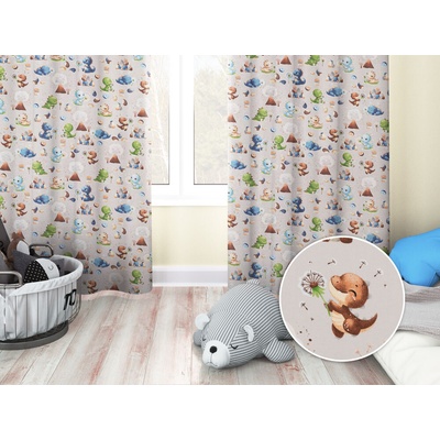 Biante Dětský bavlněný závěs Sandra SA-656 Modro-zeleno-hnědí dinosauříci na světle šedém 150x240 cm