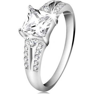 Šperky eshop zásnubní prsten stříbro 925 čirý zirkonový čtverec zdobená ramena H9.11