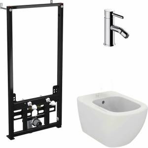 Alca Комплект монтажна рамка Alca, бяло окачено биде Ideal Standard Tesi и хромиран смесител за биде Omnires Y (A105/1120+T457001+Y1220STCR)
