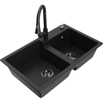 Mexen Tomas гранитна мивка с 2 камери и кухненски смесител Elia, черен - 6516-77-670101-70-B (6516-77-670101-70-B)