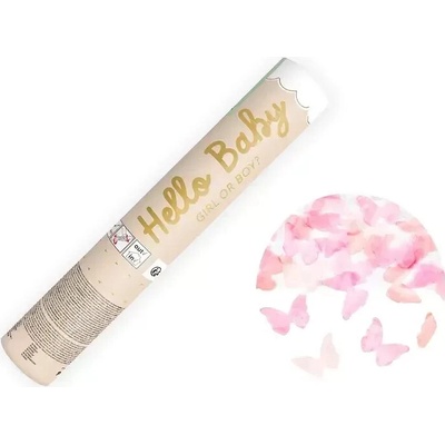 PartyDeco Vystreľovacie konfety Hello Baby Ružové motýliky 20 cm