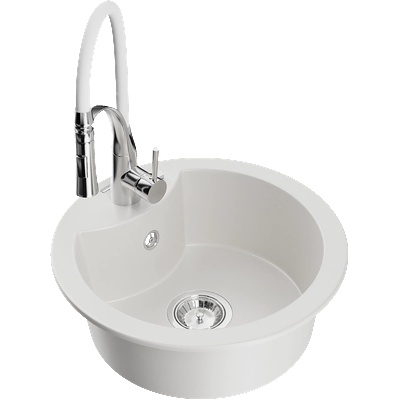 Mexen Diego гранитна кухненска мивка с 1-комора с кухненски смесител Aster, бял - 6512-20-73450-02 (6512-20-73450-02)