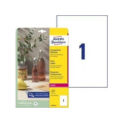 Etikety polyesterové veľmi odolné 210x297mm Avery A4 25 hárkov priehľadné