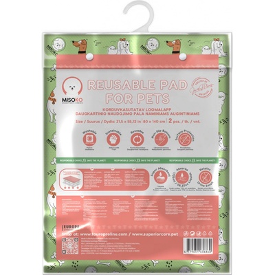 Misoko Absorpční pratelná podložka pro psy 80 x 140 cm s potiskem štěňata a kostičky zelená 2 ks