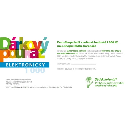 Dědek kořenář Elektronický dárkový poukaz pro e-shop Varianta: 1 000 Kč