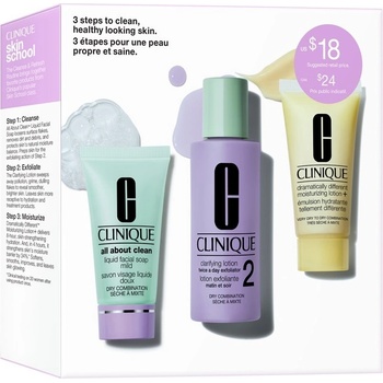 Clinique 3-Step Skin Care Kit All About Clean Liquid Facial Soap Mild tekuté mýdlo pro suchou a smíšenou pleť 30 ml + Clarifying Lotion 2 Twice A Day Exfoliator tonikum 60 ml + Dramatically Different