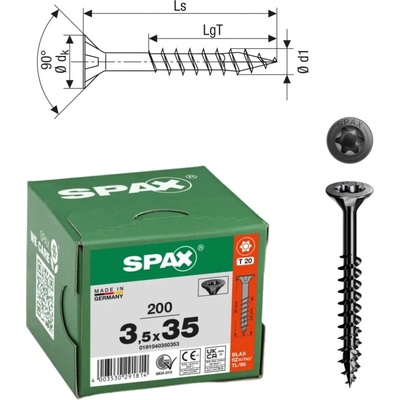 Šrouby do dřeva SPAX 3,5x35mm Torx, částečný závit, zápustná hlava, černé, 200 ks
