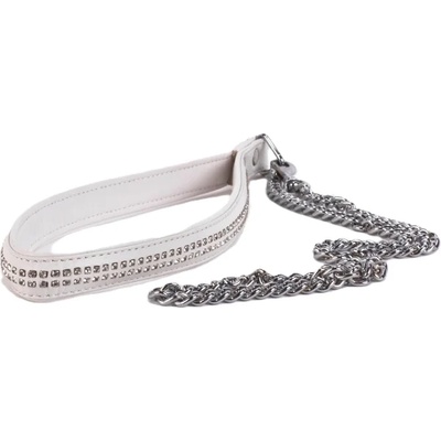 Яка с блестящи камъни и метална верига - Leather Handle White (DEVIL00078)