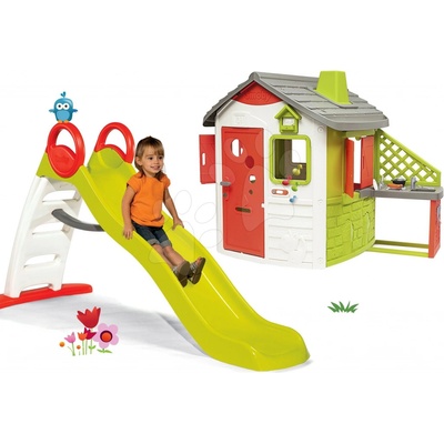 Smoby Set šmykľavka Toboggan Funny 200 cm a domček Neo Jura Lodge s kuchynkou, plnými dverami, komínom a zvončekom