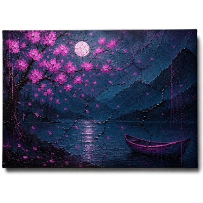 KRAFTHOUSE.EU Moonlit Sakura Lake – obraz na plátno Premium Canvas | 100% bavlna | Různé rozměry Velikost: 150 x 100 cm Moonlit Sakura Lake – obraz na plátno Premium Canvas | 100% bavlna