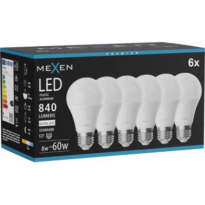 Mexen Nova 6x LED крушка E27, A60, 8W, Неутрална - 4000K, 840 lm - L100-E27-0840-01x06 (L100-E27-0840-01x06)