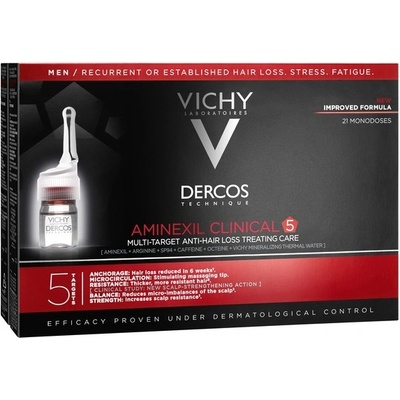 Vichy Dercos Aminexil Clinical 5 cielená starostlivosť proti vypadávaniu vlasov pre mužov Multi-Target Anti-Hair Loss Treating Care 21 x 6 ml