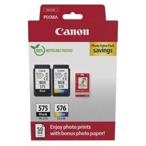Canon Ink Cartridges & Paper Multipack - PG-575/CL-576 Original Printer Cartridges Pack of 2 (1 x Black, 1 x Color) & 4x6 Photo Paper (50 Sheets) - 5438C004