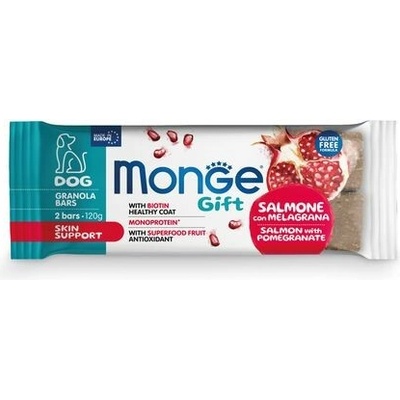 MONGE GIFT Granola bars Skin support 2ks granola tyčinka pre psov pre podporu pokožky s lososom a granátovým jablkom 2 ks120 g