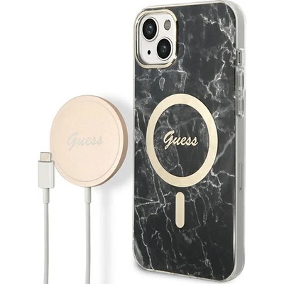 GUESS Комплект безжично зарядно устройство и кейс Guess GUBPP14SHMEACSK за iPhone 14 6.1", черен / черен, твърд, съвместим с MagSafe, Marble (GUE002568-0)