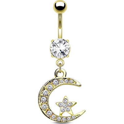 Šperky Eshop ocelový piercing do pupíku měsíček a hvězdička vykládané zirkony čirý zirkon v kotlíku W26.39