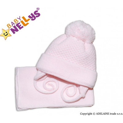 Baby Nellys Zimná čiapočka so šálom ružová s veľkou bambuľkou