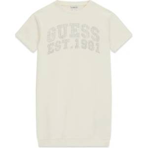Guess Памучна рокля къс ръкав за момиче в мръсно бяло с надпис Guess от кристали
