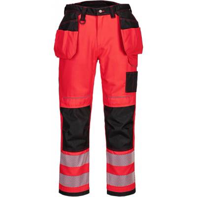 Portwest T501 PW3 Hi Vis Reflexné pracovné nohavice červená/čierna