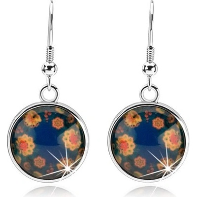 Šperky eshop kruhové visací vypouklé sklo barevné kvítky na modrém podkladu SP52.24