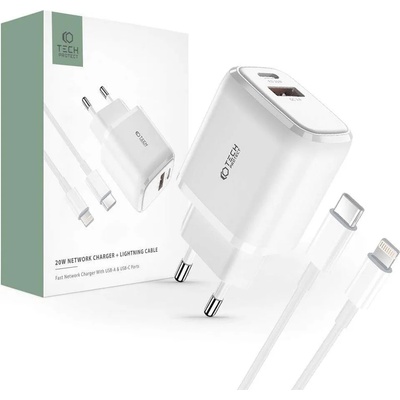 Tech-Protect C20W Fast Wall Charger 20W With Lightning Cable - захранване за ел. мрежа с USB-A и USB-C изходи и технология за бързо зареждане и USB-C към Lightning кабел (бял)