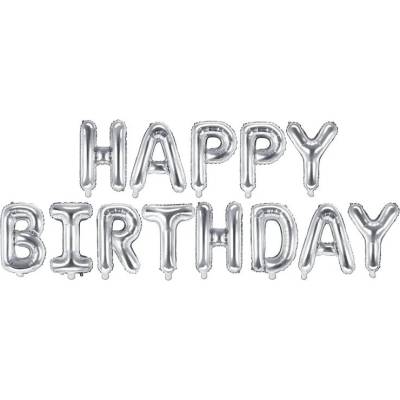 KIK KX4574_1 Fóliový balónek 340x35cm s nápisem Happy Birthday stříbrný