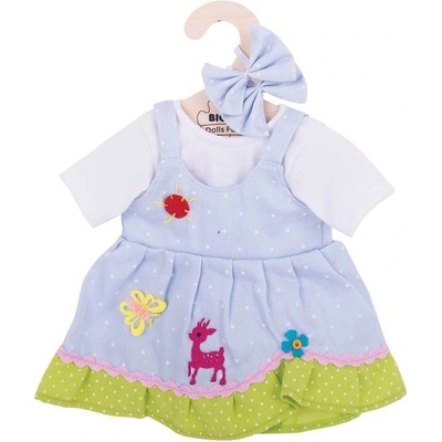 Bigjigs Toys modré bodkované šaty s jeleňom pre bábiku 35 cm