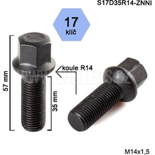 Kolový šroub M14x1,5x35 koule R14, klíč 17, S17D35R14-ZNNI; černý, výška 57