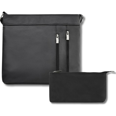 Abruzzo dámska kožená darčeková sada Crossbody kabelka a kožená kozmetická taška čierna