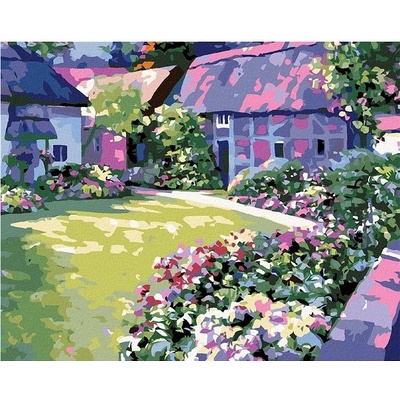 Zuty Malování podle čísel Květiny v zahradě u domu 50 x 40 cm vypnuté plátno na rám