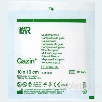Gazin KOMPRESY GÁZOVÉ STERILNÉ 10 x 10 cm 8-vrstvové 17 vláknové so založenými okrajmi 2 ks