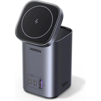 UGREEN 2-in-1 Magnetic GaN Desktop Charger 100W - захранване за ел. мрежа с вградена поставка (пад) за безжично зареждане за iPhone с MagSafe и 1xUSB-A и 2xUSB-C изходи (сив)