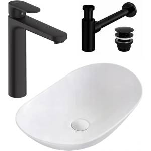 Rea Пакет умивалник за плот Rea Royal бяло 62.5 см, смесител Hansgrohe Vernis Blend 190 черно и вентил Click-Clack черно (5902557300723+71582670+5902557345298)