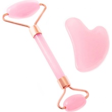 Gua Sha růžový kámen + masér - sada růženínu na masáž obličeje