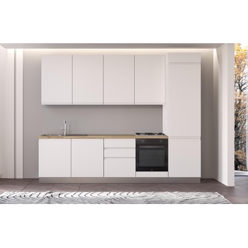 ARES Права кухня irene, дясна, 300 см, лице бяло, плот дъб кадиз и бял гръб (0whfbi013bid)