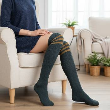 Дълги термо чорапи в тъмнозелено с три ленти