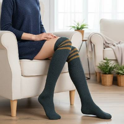 Дълги термо чорапи в тъмнозелено с три ленти