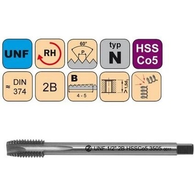 NÁSTROJE CZ Závitník strojní UNF 7/16"-20 2B HSSCo5 DIN 374 B - 3505 - CZZ3505-UNF-7/16"-20-2B