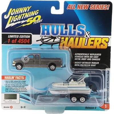 Johnny Lightning Ford F-250 2004 šedý s pontonovou lodí 1:64