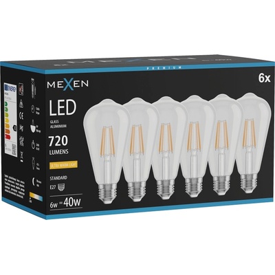 Mexen Vintis 6x LED крушка с нажежаема жичка E27, ST64, 6W, Топла - 2200K, 720 lm, прозрачна (L152-E27-0622-00x06)